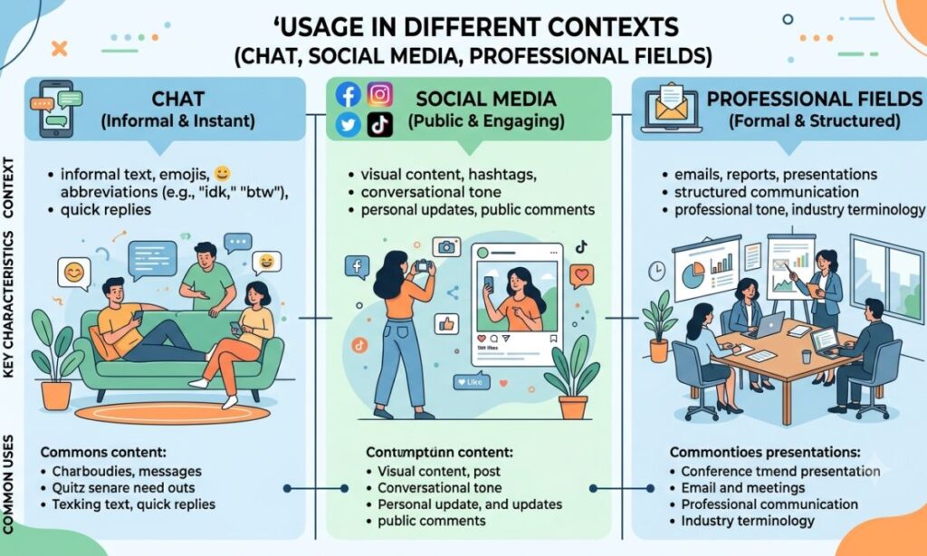 Usage in Different Contexts (Chat, Social Media, Professional Fields)